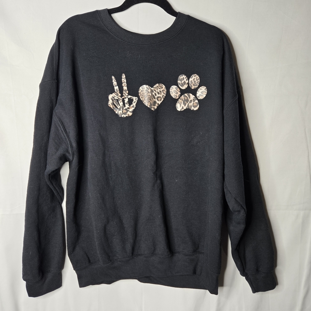 Large Black Sweatshirt with Leopard Print Peace Love Happiness Heart Paw Animal